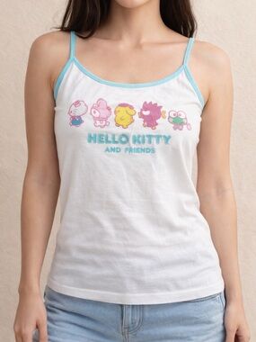 Hello Kitty White Tank with Light Blue Trim and Pastel Characters